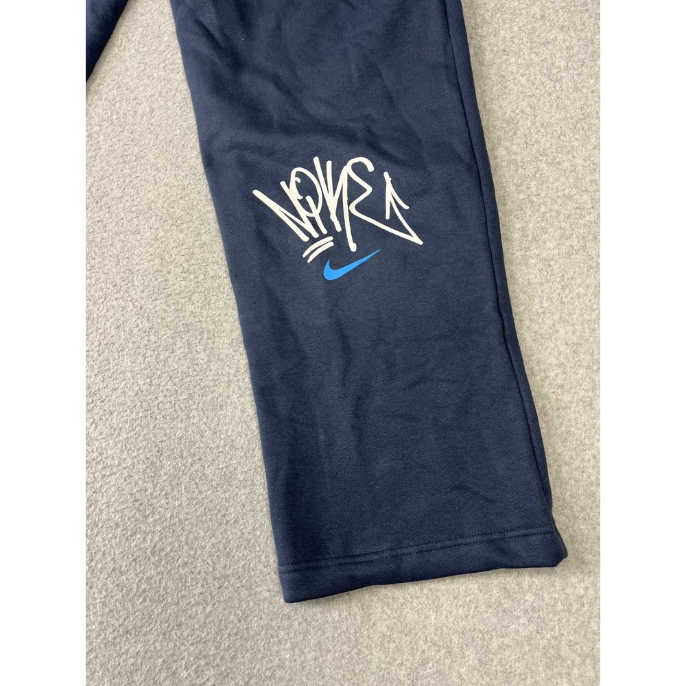 Nike Sportswear Fleece Sweatpants Mens M Blue Swoosh Box Graphic Open Hem Relaxe - Picture 14 of 15